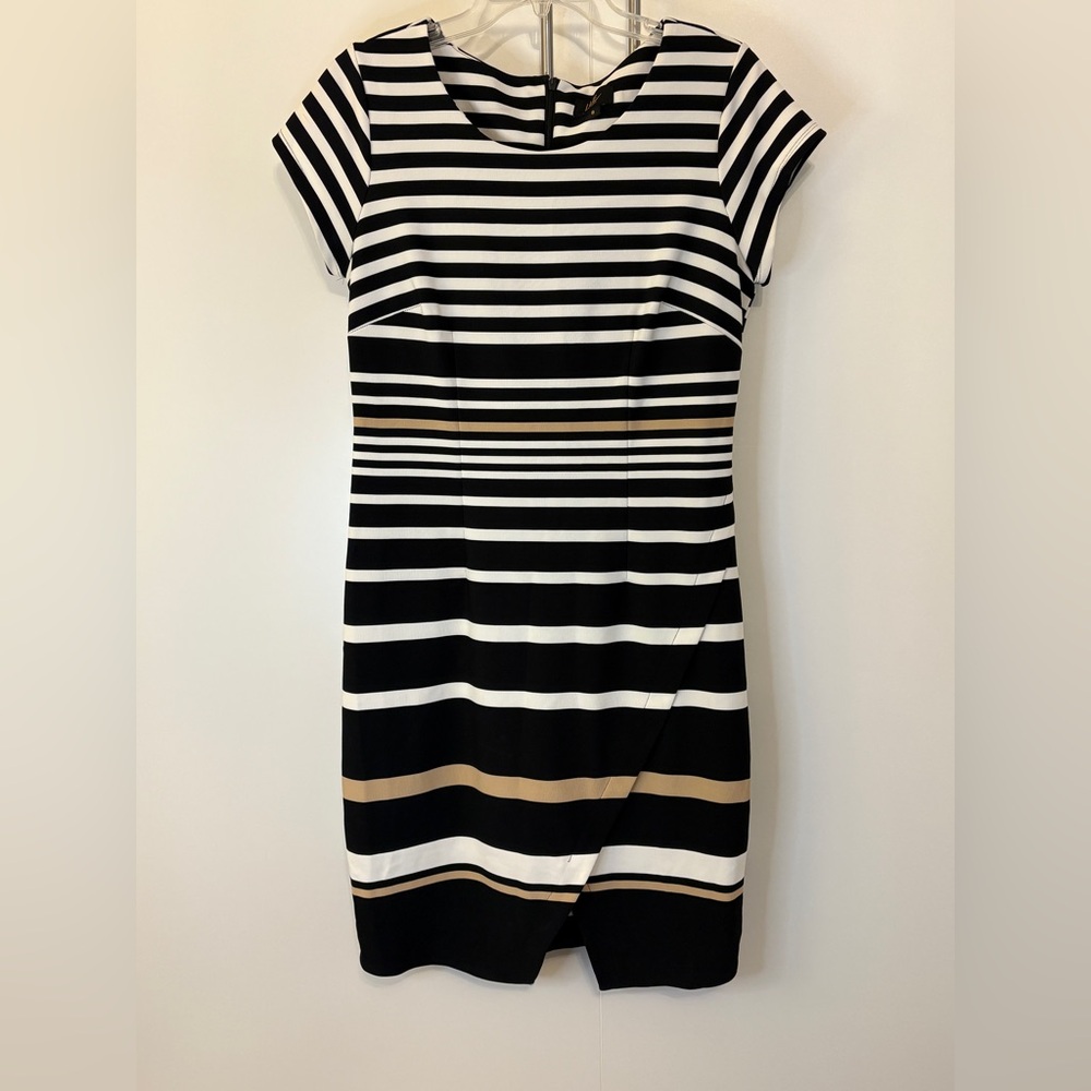 Black and White Sheath Midi Dress with Cap Sleeves